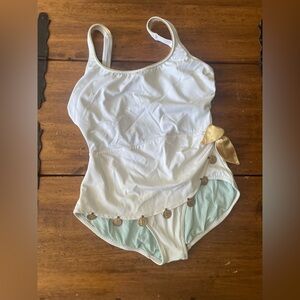 Vintage Roxanne Bra-sized Swimsuit One Piece Size 14 36 White Coins Skirt Boho